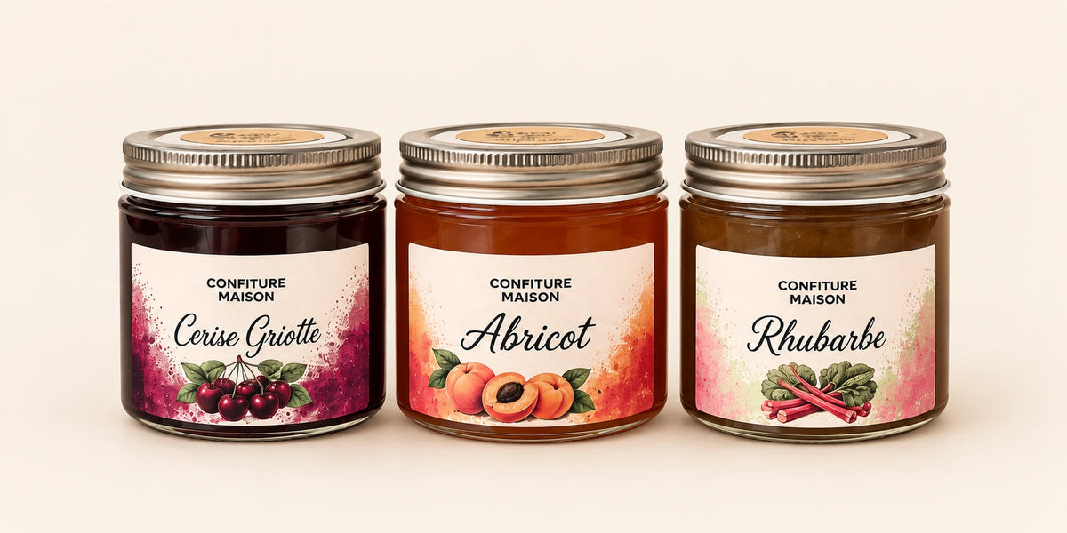 Pots de confiture maison Cerise Griotte, Abricot et Rhubarbe